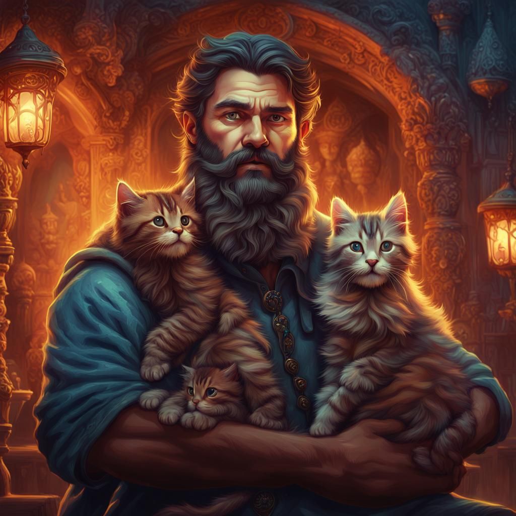 Bearded Man with Kittens in Fantasy Matte Painting