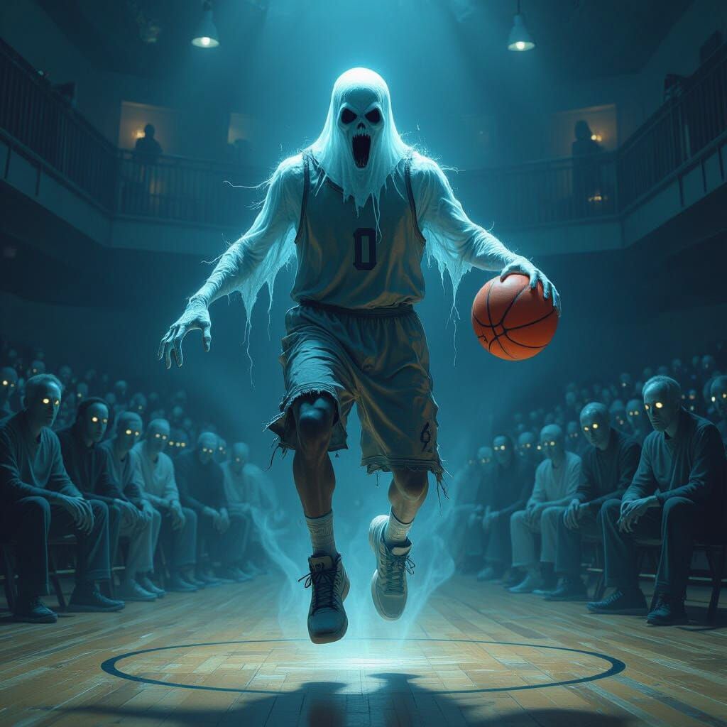 Ghostly Basketball Player in Haunted Gymnasium