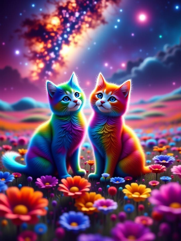 Cosmic Cats Amidst Alien Flower Blooms in Vibrant Colors
