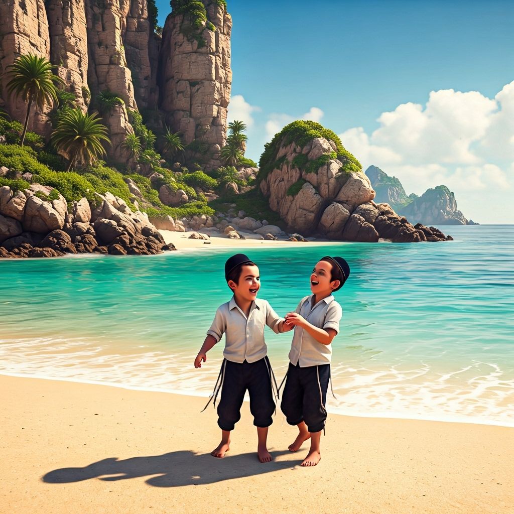 Haredi Boys' Beach Trip in 3D Game Cinematic Style