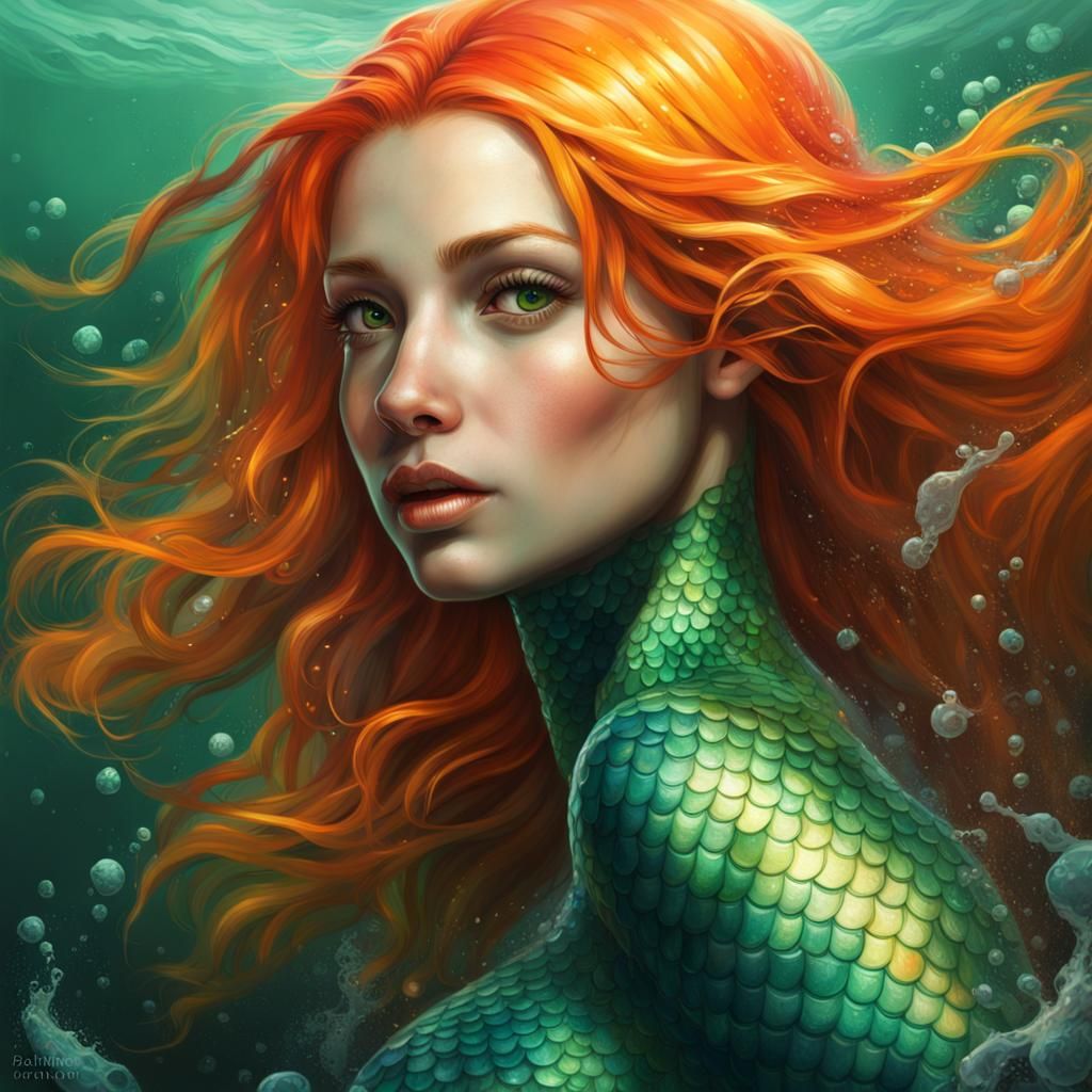 Hyperrealistic Mermaid with Orange Hair and Green Tail