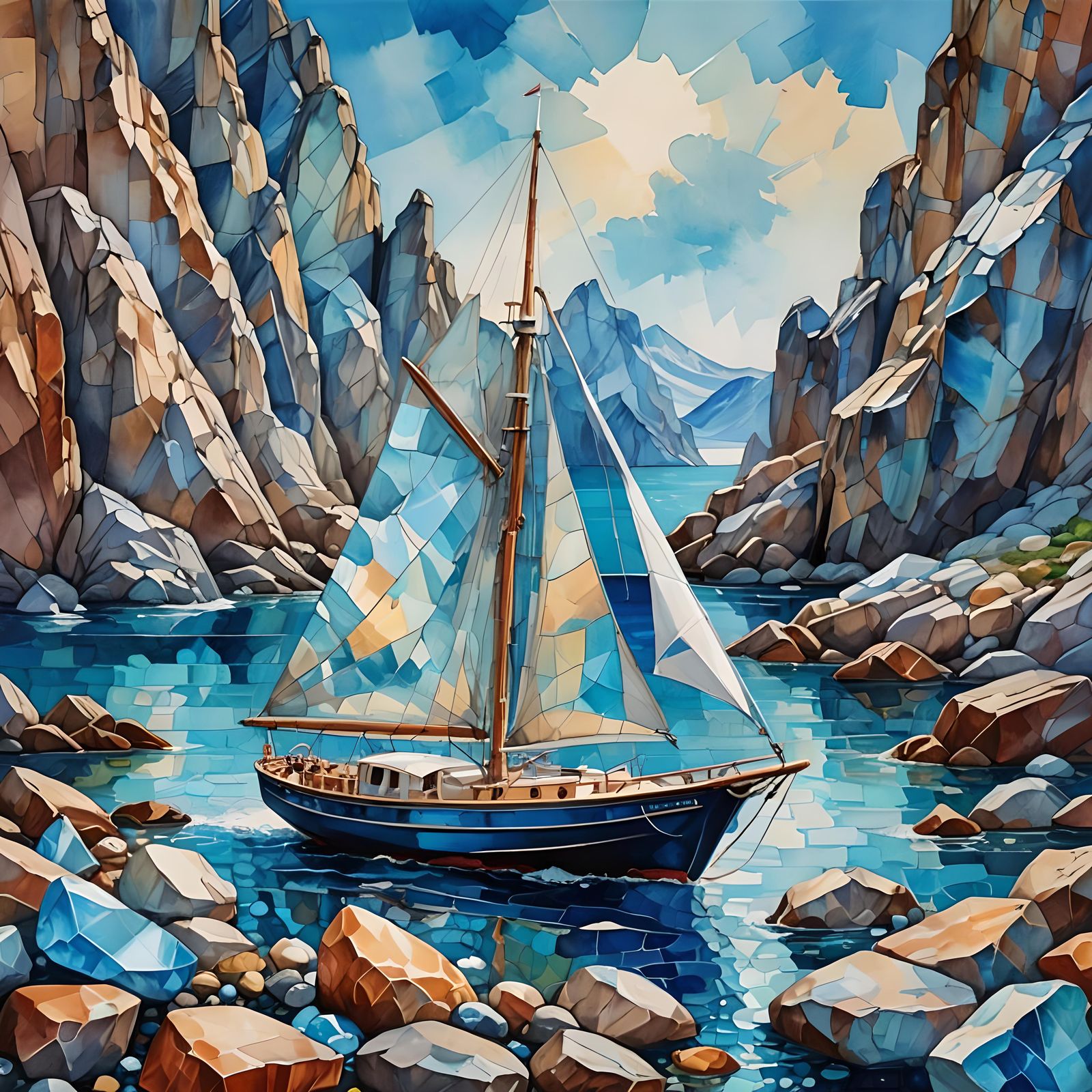 Glass Sailboat on Azure Sea, in Gouache Style