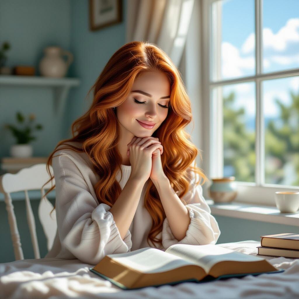 Redhead Woman Praying in Shabby Chic Study
