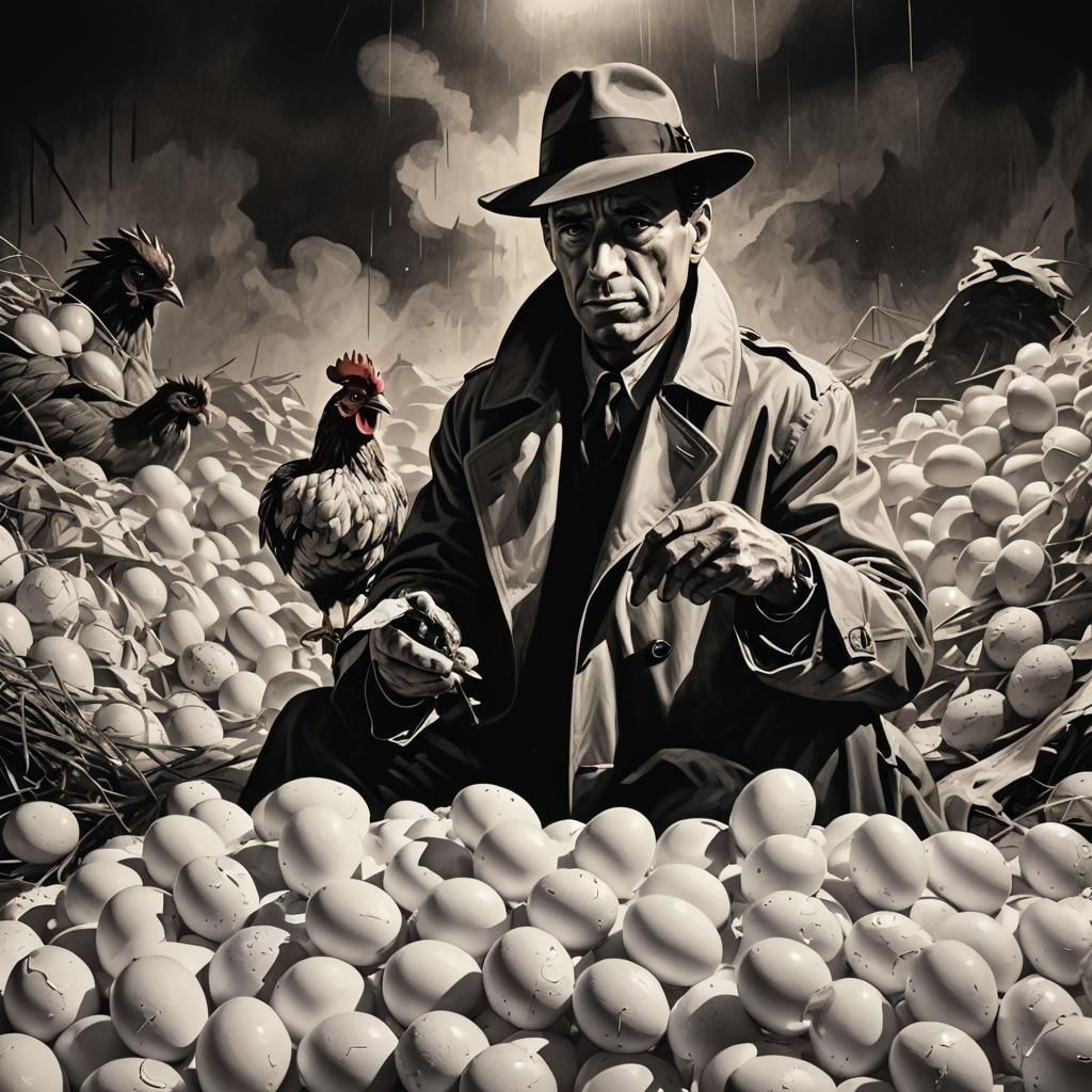 Film noir splash art. Medium close-up. Humphrey Bogart dress...