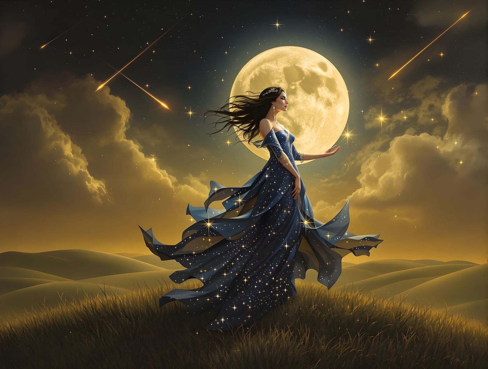 Midnight Goddess Casting Star Spell Under Celestial Sky