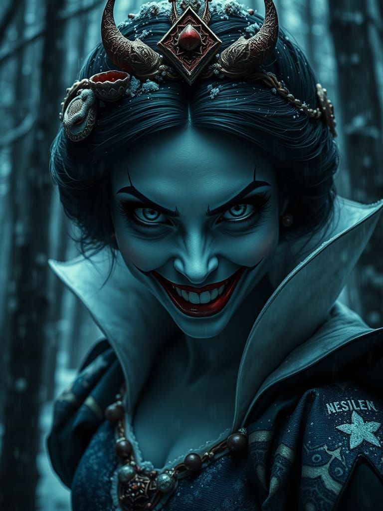 Evil Snow White in Winter Forest, Hyperrealistic Style