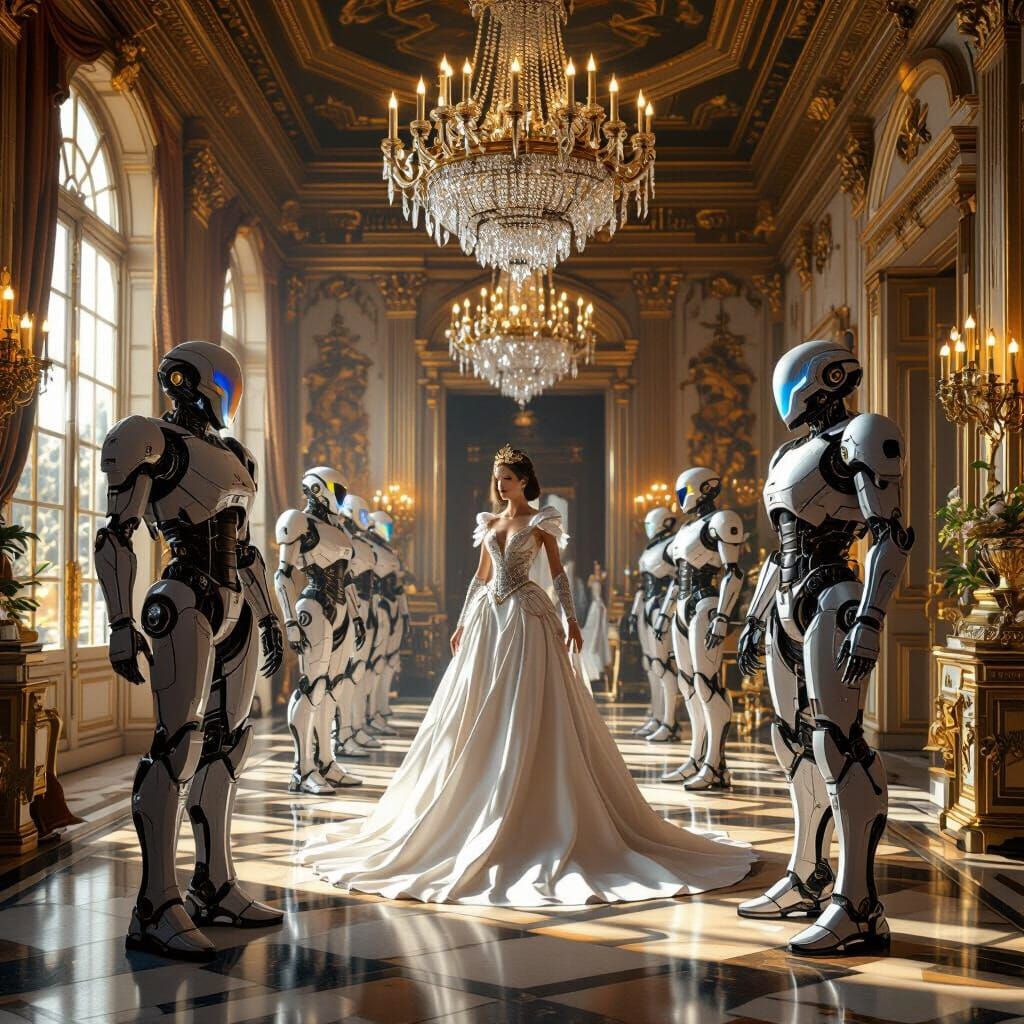 Empress Protected by Robots in Chateau, Detailed Digital Art