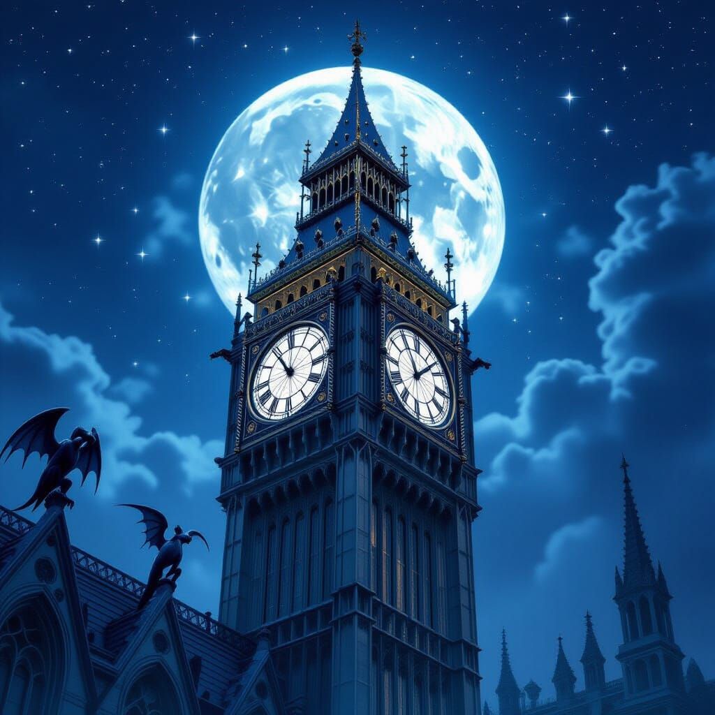 Gothic Clock Tower of Silver Spiderwebs in Moonlight