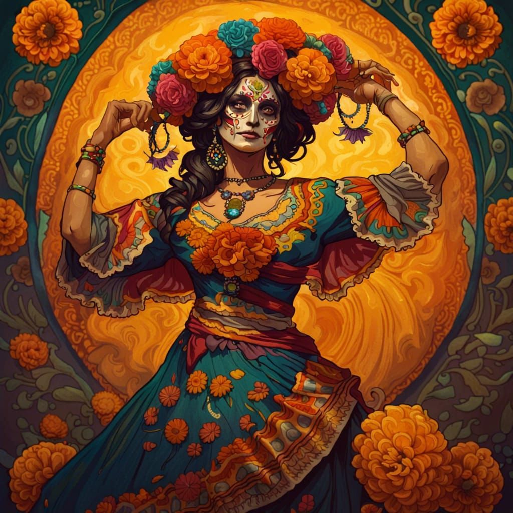 Mexican Dancer in Art Nouveau Style with Marigolds