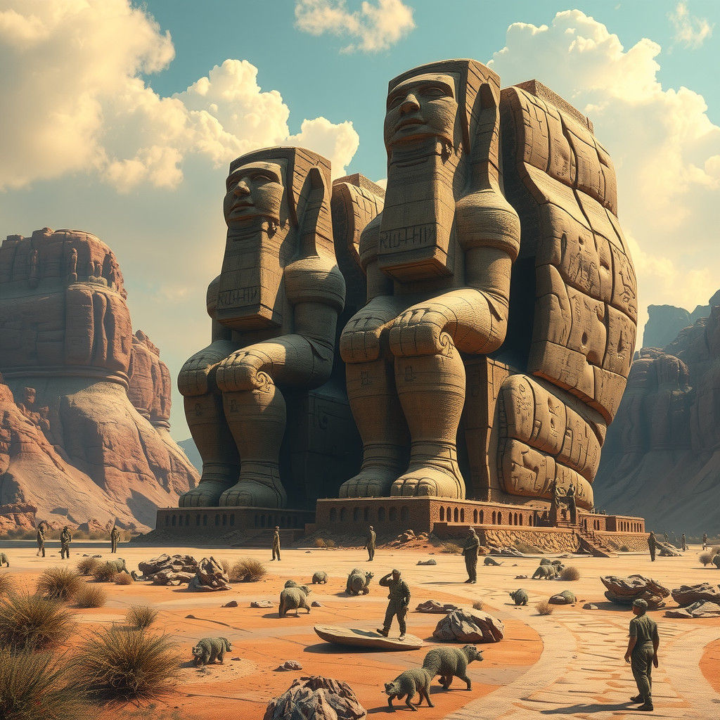 Monumental Statues on Exoplanet Canyon in Ancient Art Style