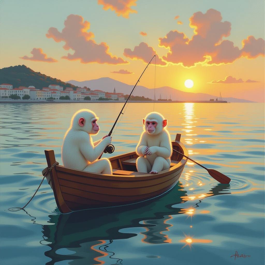 Albino Monkeys Fishing at Sunset Near Athens