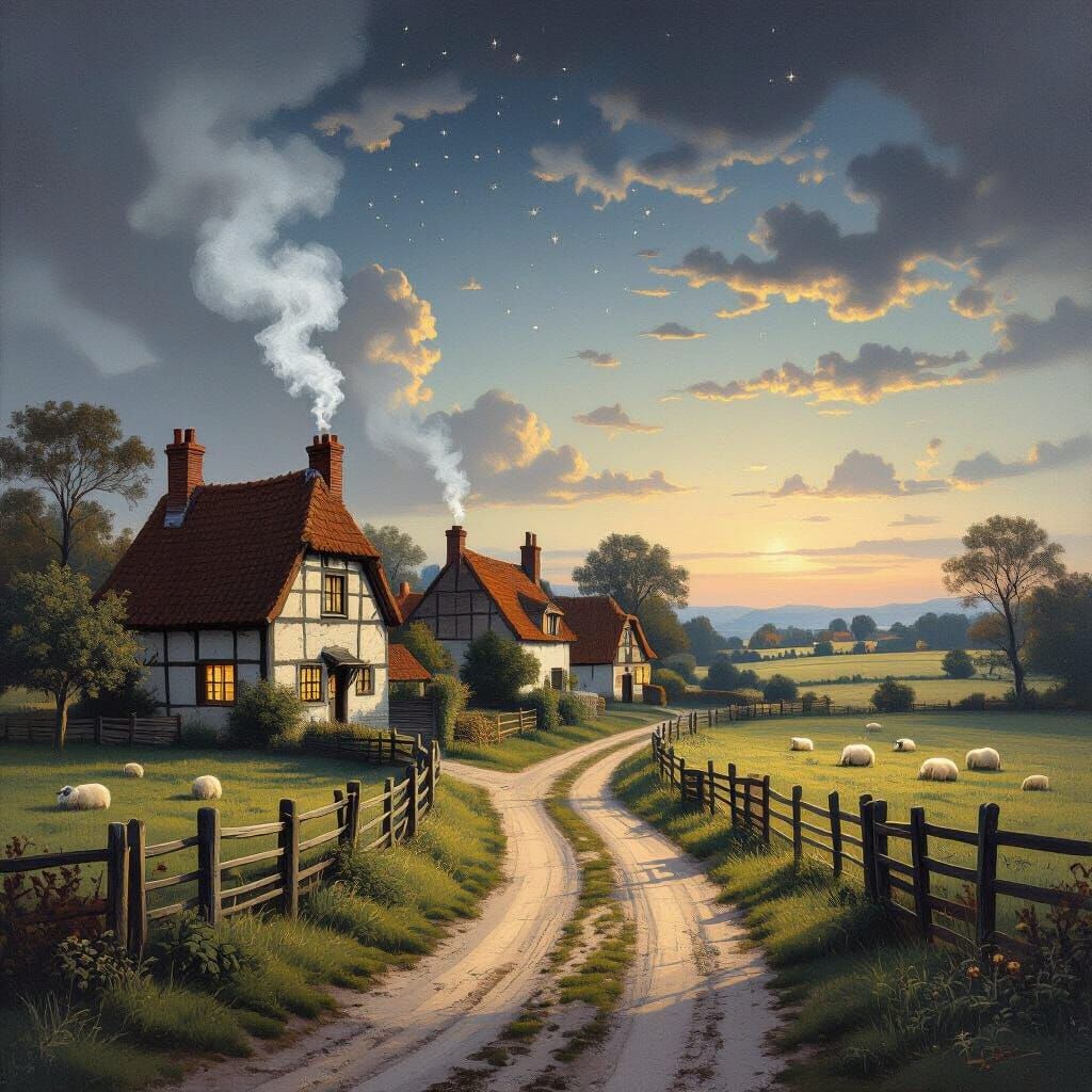 Quaint Village Lane Under Starry Night Sky