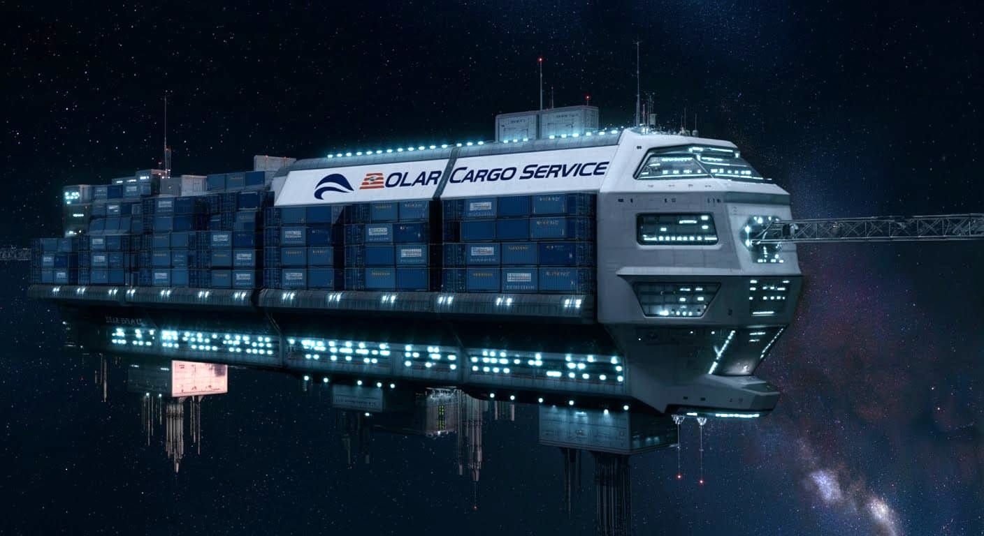 enormous cargo spacecraft, windows and led lights, in deep s...