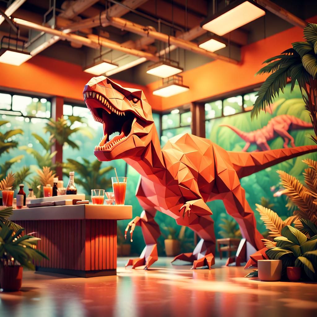 T rex roaring in a jungle juice bar