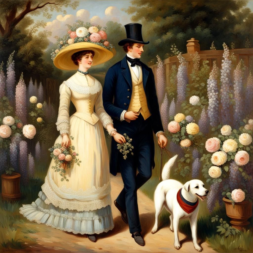 Victorian Couple Strolling Through Rose Garden Art