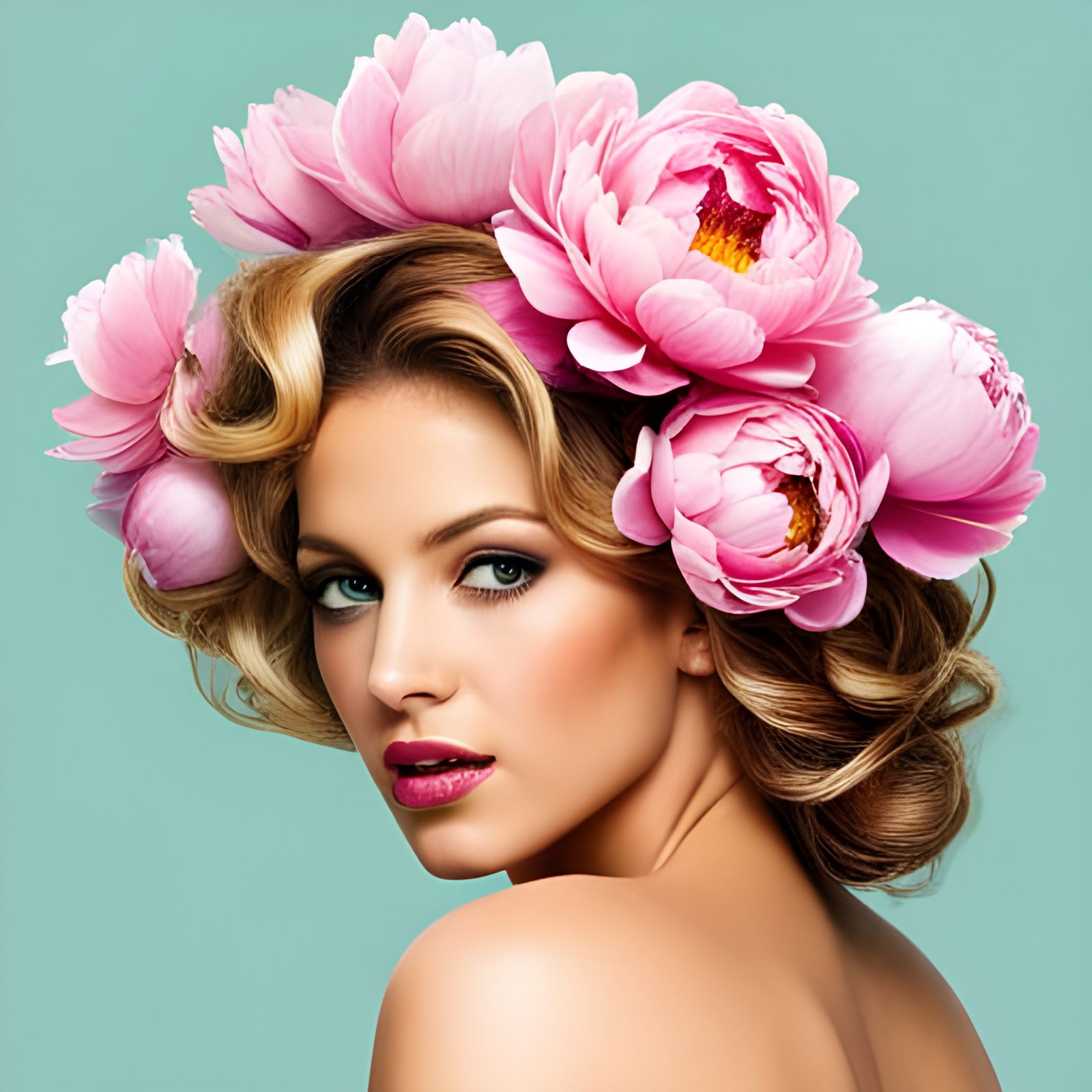 Shakira with Peonies, Doric Order, Turquoise Backdrop