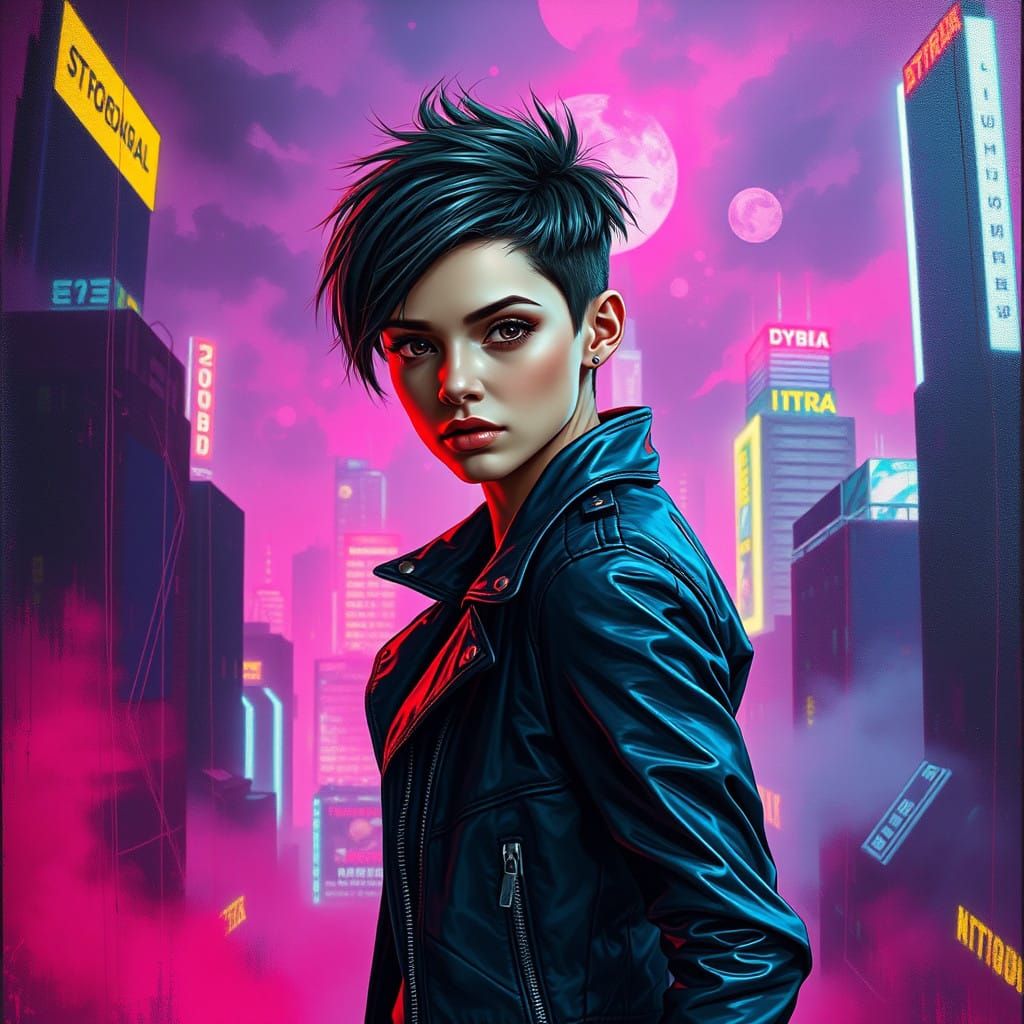 Girl Emerges from Neon-lit Canvas in Cyberpunk Cityscape