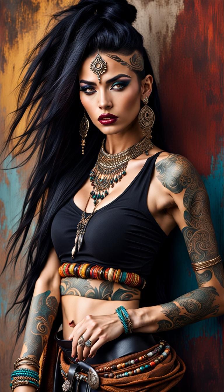 Tribal Bohemian Woman with Tattoos in Gothic Style