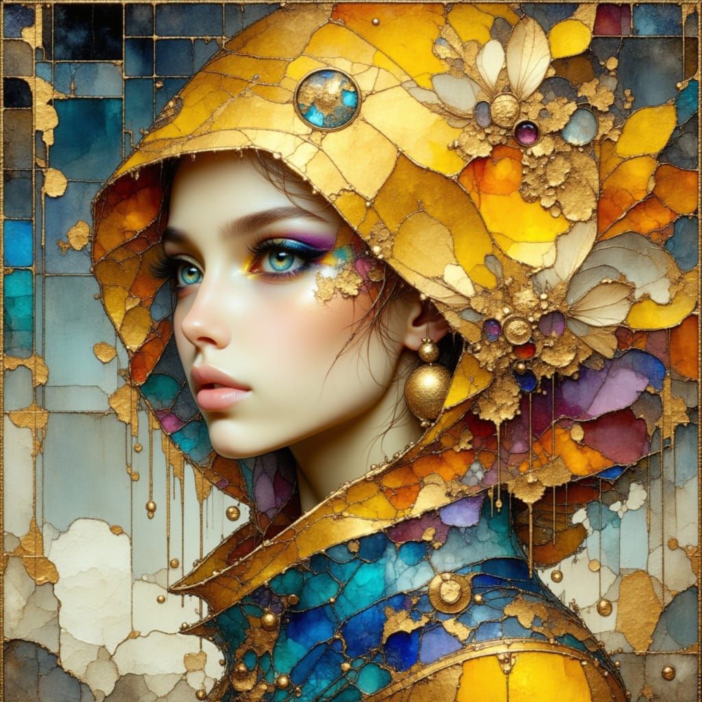 Figure Cloaked in Crinkled Gold Metallics