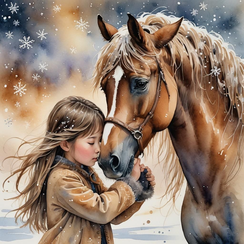 Girl and Horse in Snowy Watercolor Fantasy