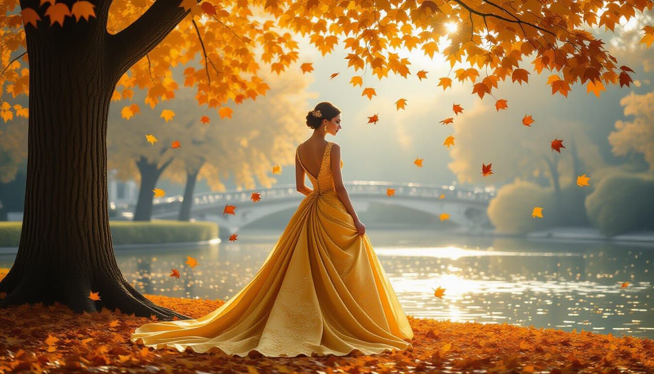 Woman in Golden Gown Amidst Falling Autumn Leaves