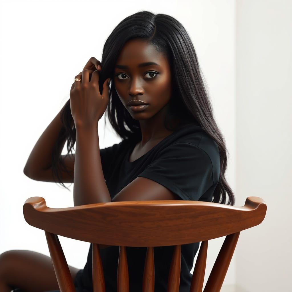 A headshot of a black woman combing and tying her hair.