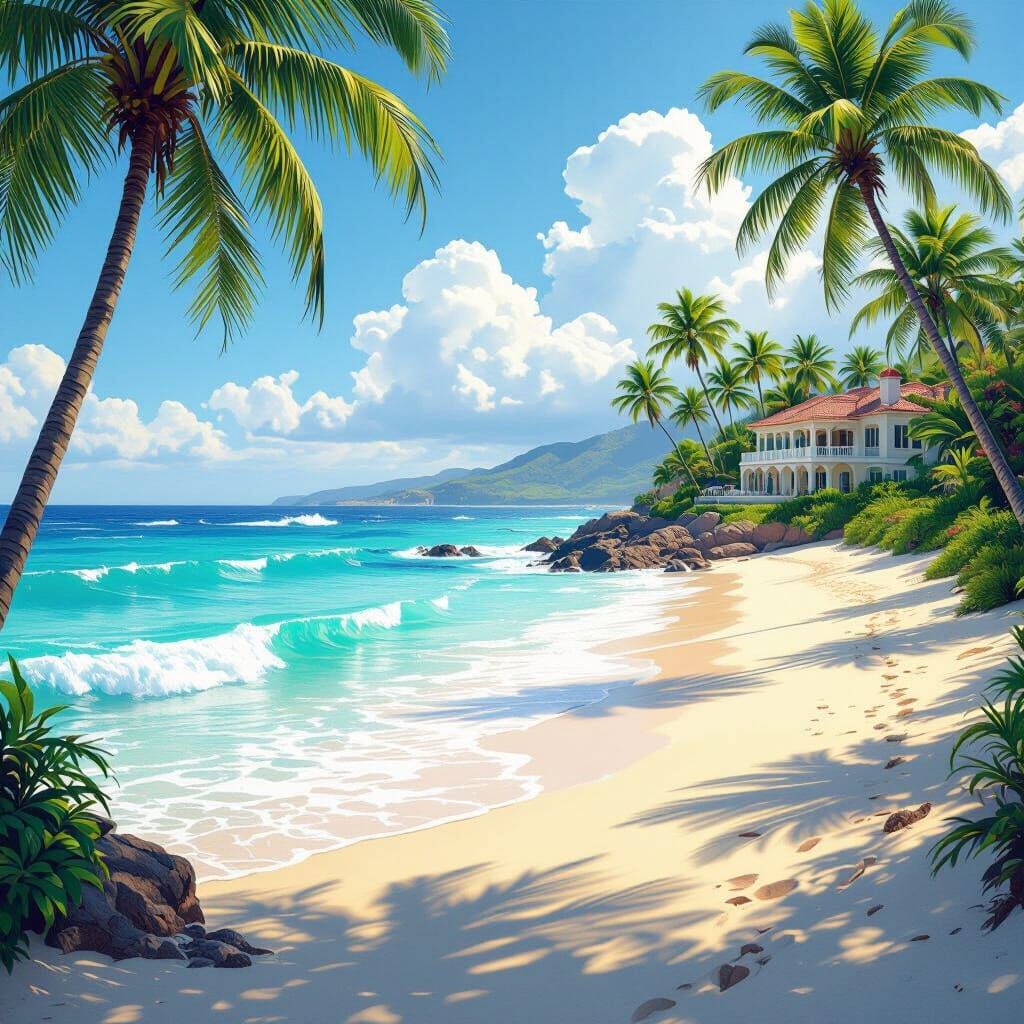 Beachfront Paradise With Turquoise Waves And Seaside Home