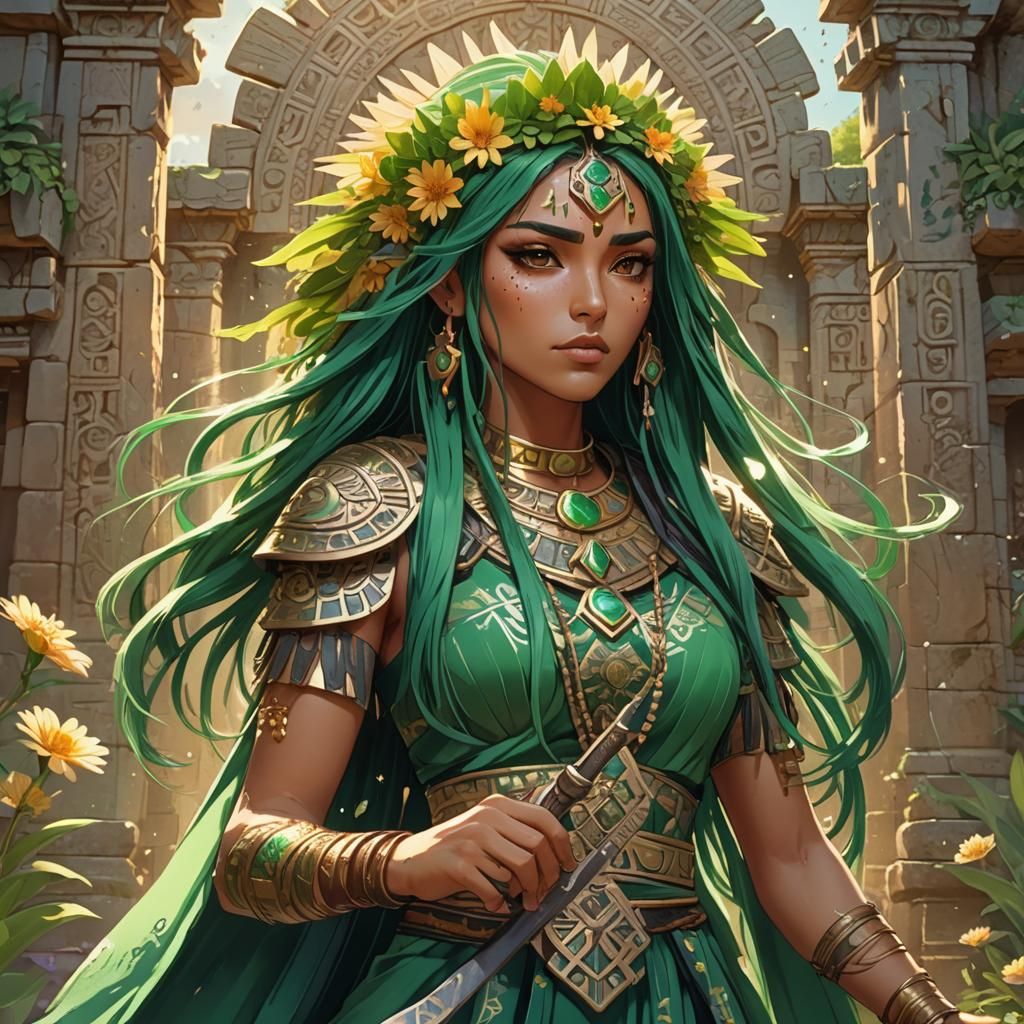 Latina Anime Girl with Aztec Headdress in Ghibli Style