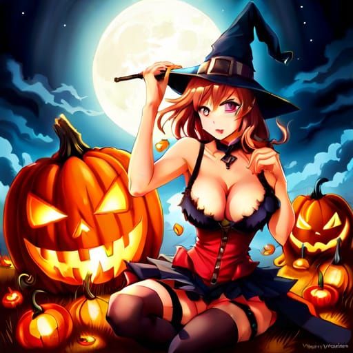 Anime Style Pinup Witch in Halloween Fantasy
