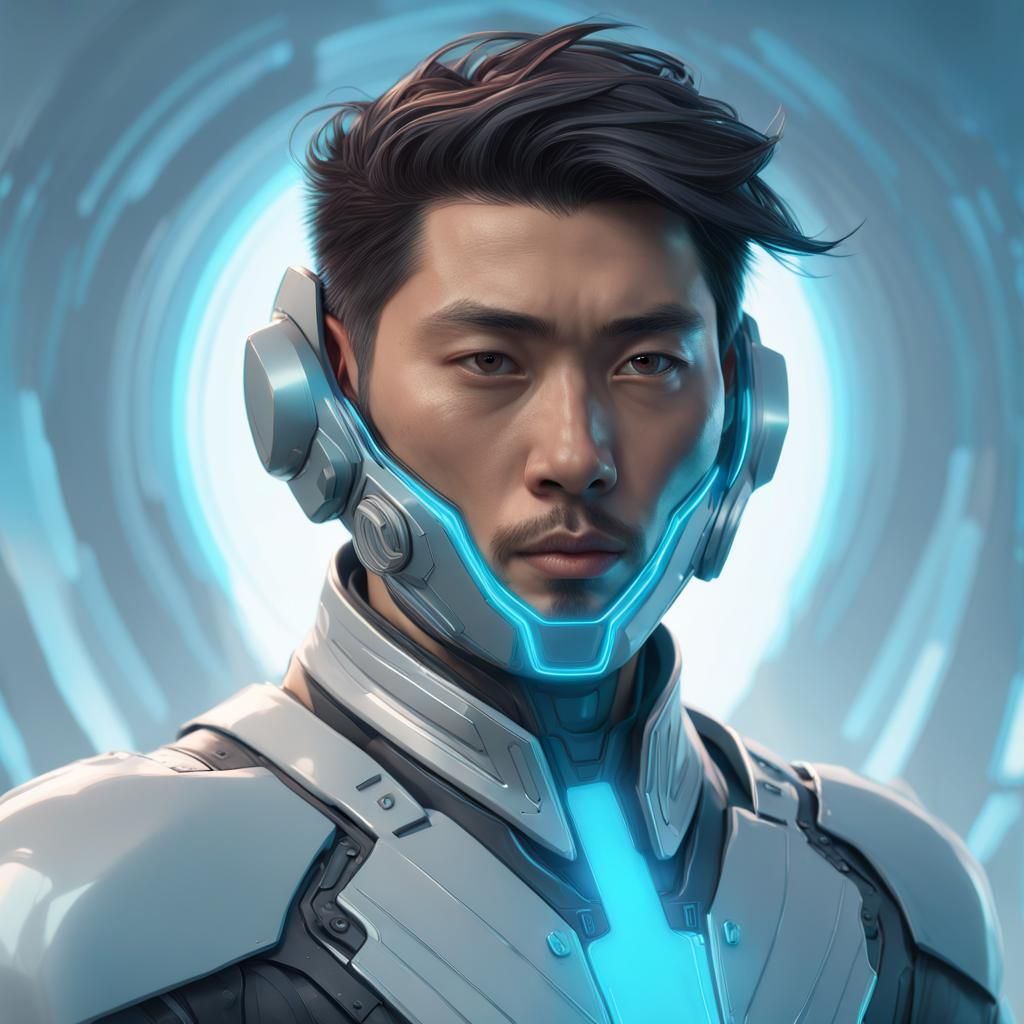 Futuristic Asian Man in Energy Suit, Digital Art