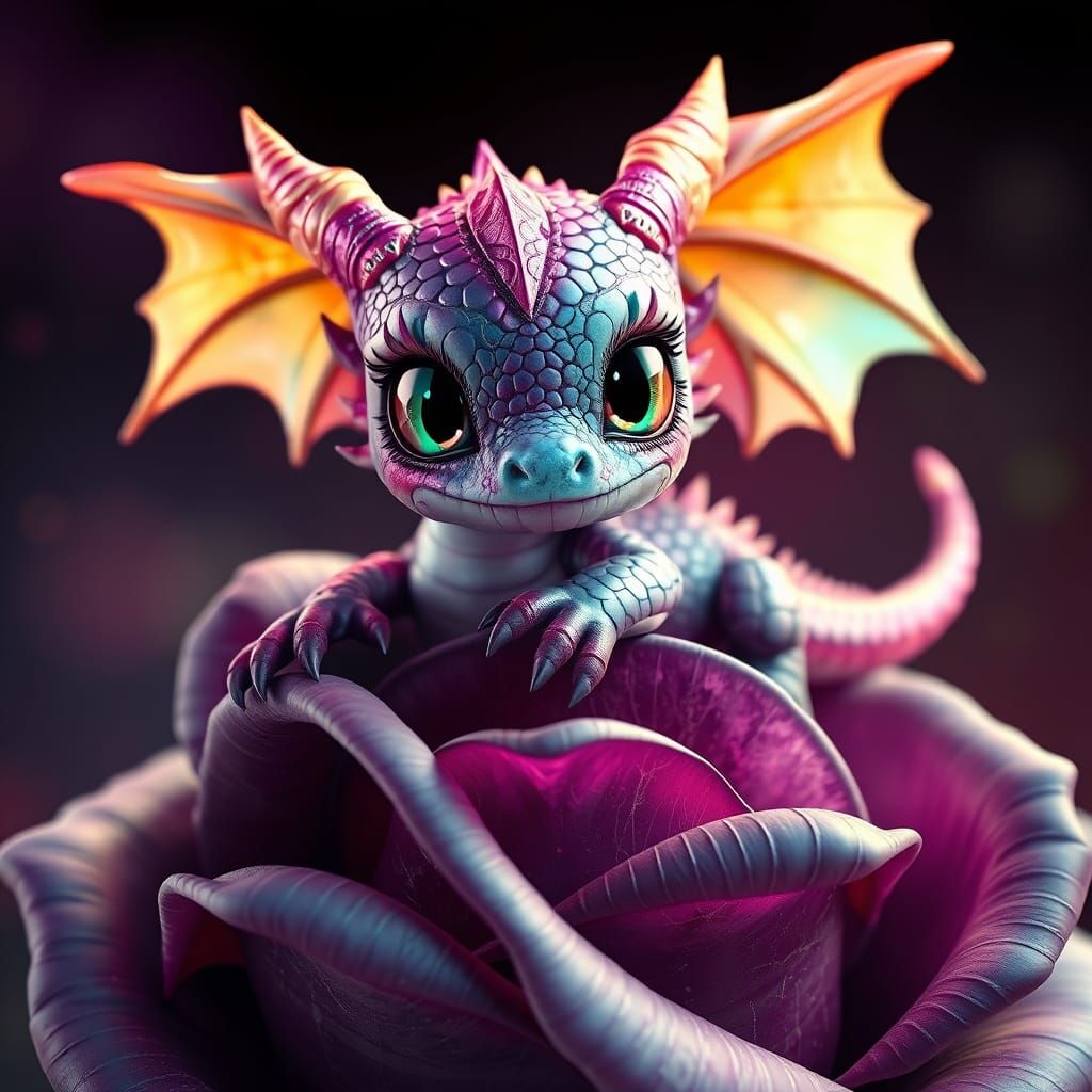 Hyperrealistic Portrait of a Baby Dragon on a Giant Obsidian...