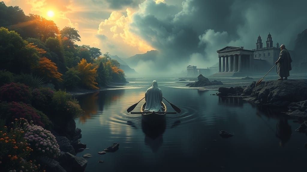 Surreal River Styx Crossing in Dark Fantasy Realism Style