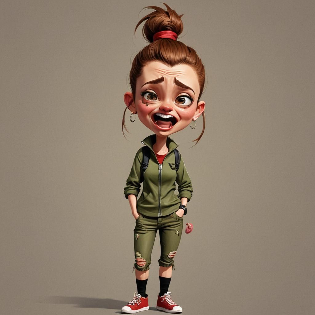Comical Caricature of Young Woman with Exaggerated Features