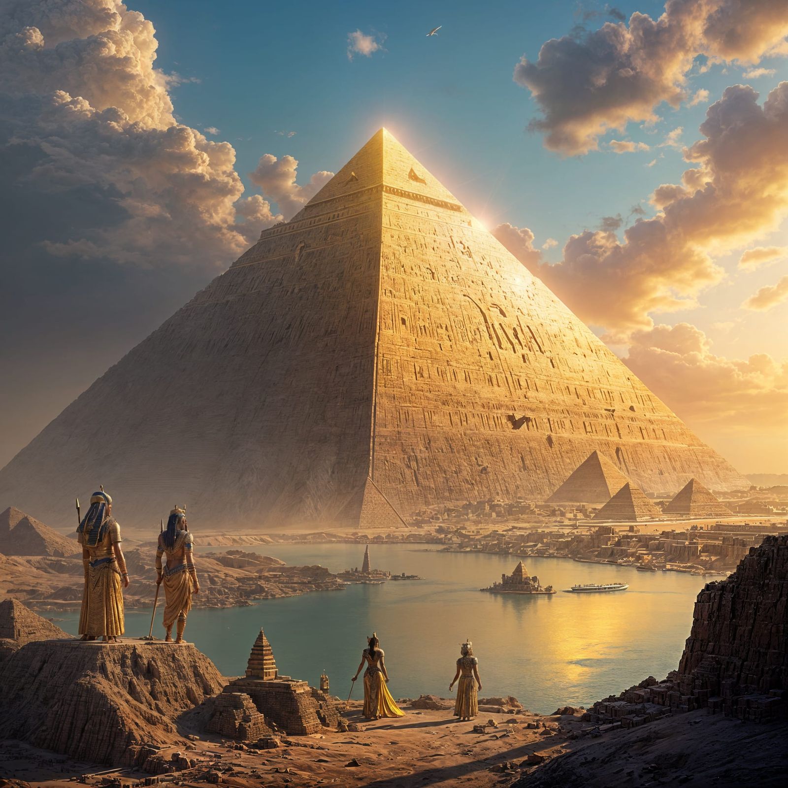 Ancient Gods Construct a Golden Pyramid Amidst the Nile