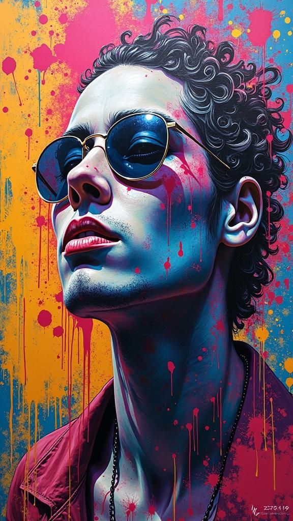 Polychromatic Street Artist Creating Graffiti Mural