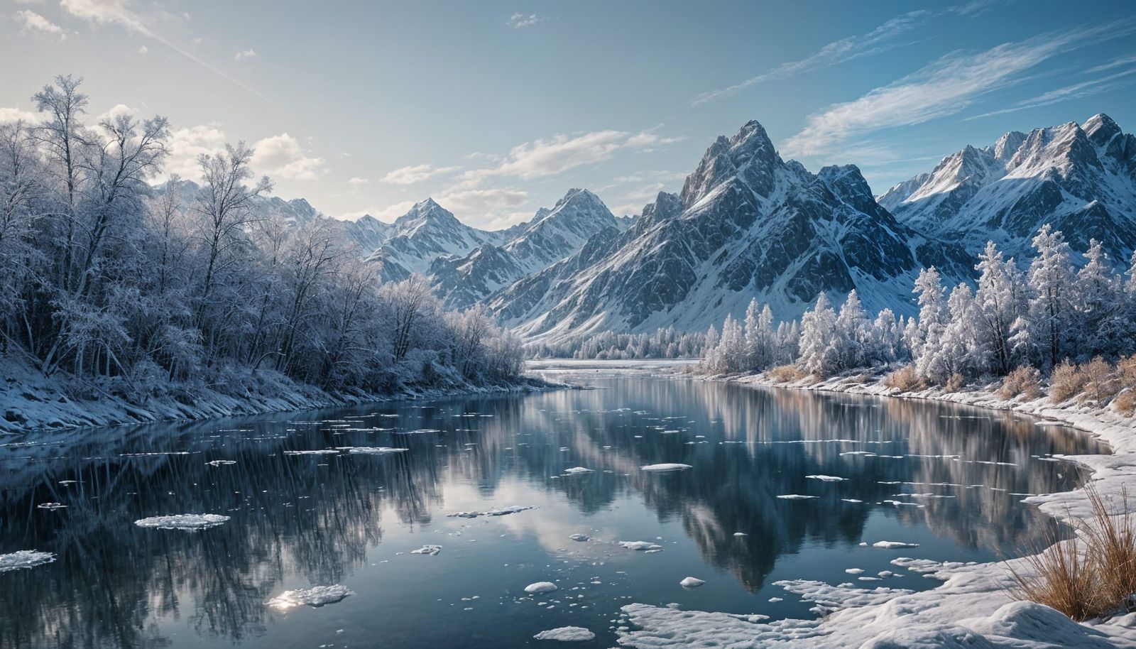 Hyperrealistic Frozen Lake with Frost and Mountains