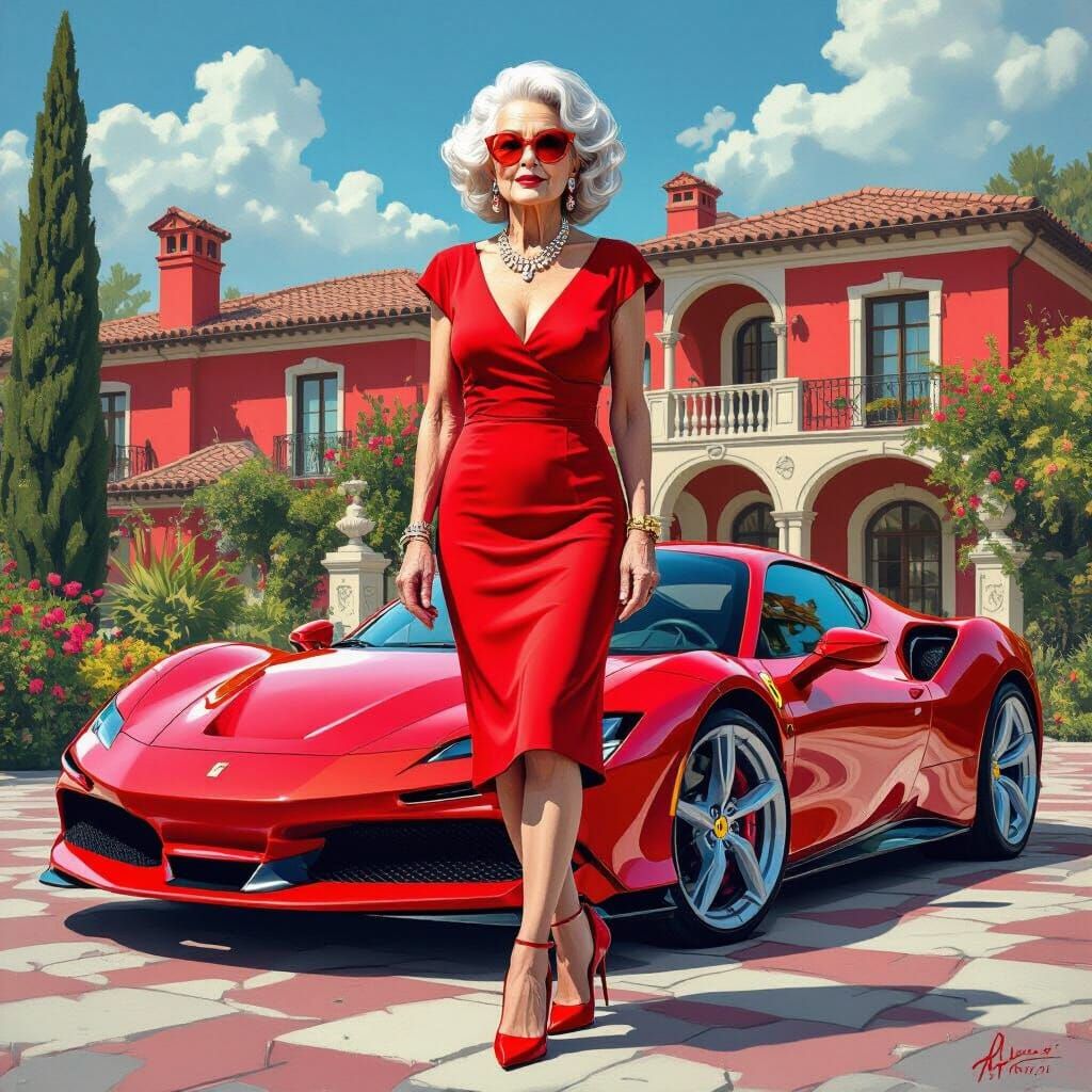 Elderly Woman in Red with Ferrari in Graffiti Style