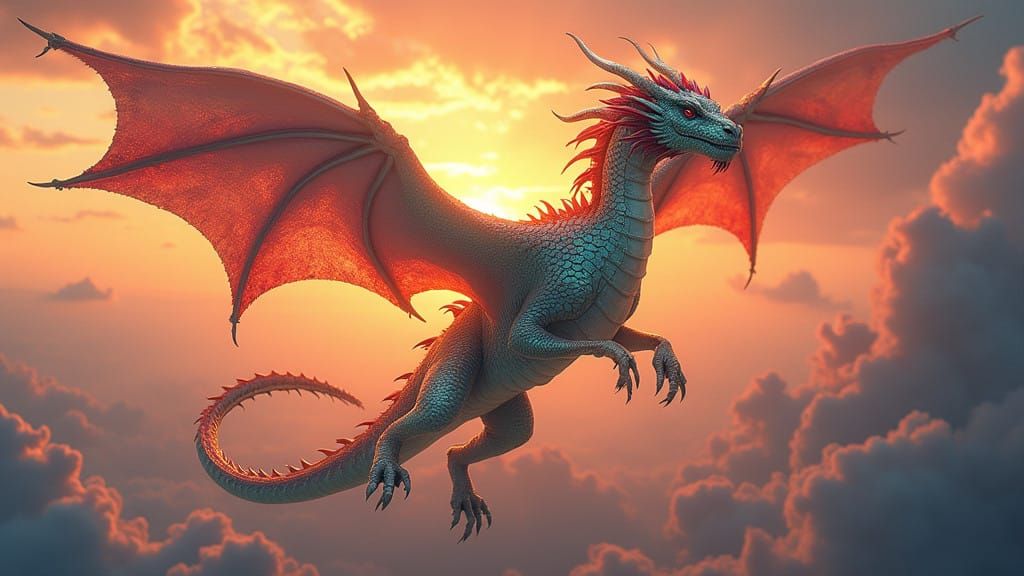 Cyberpunk Dragon in Colorful Sunset Flight
