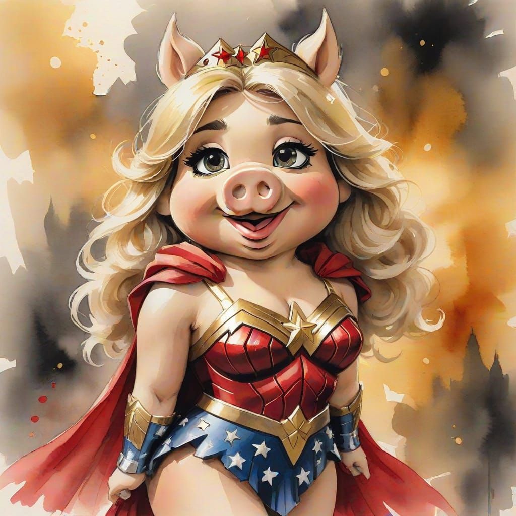 Miss Piggy as Wonder Woman in Sumi-e Style