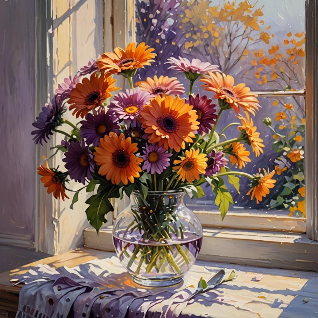 Gerberas in Vase as Impressionist Oil Painting