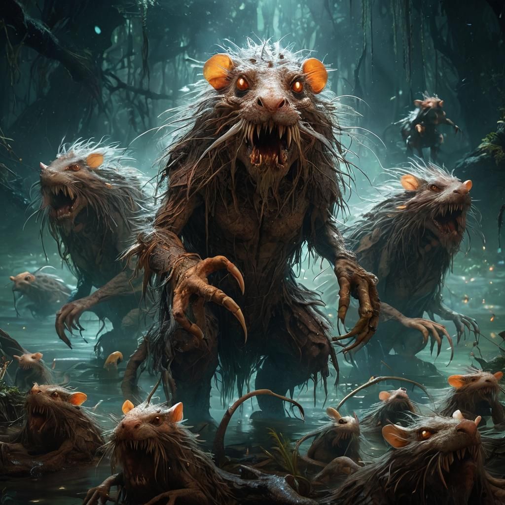 Fey-Corrupted Rat Creature in Dark Swamp: Fantasy Art