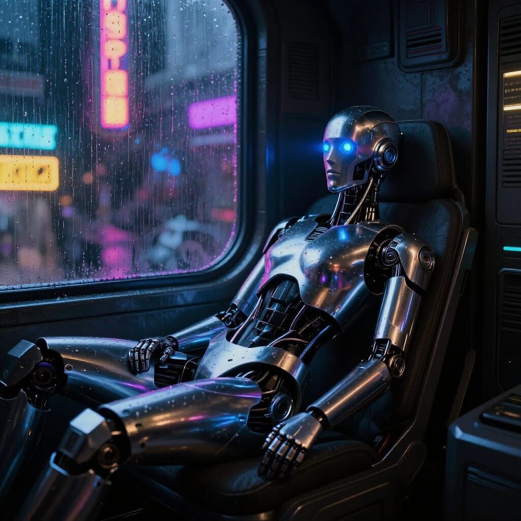 Deactivated Chrome Cyborg Rests in Neon Sci-Fi Metropolis