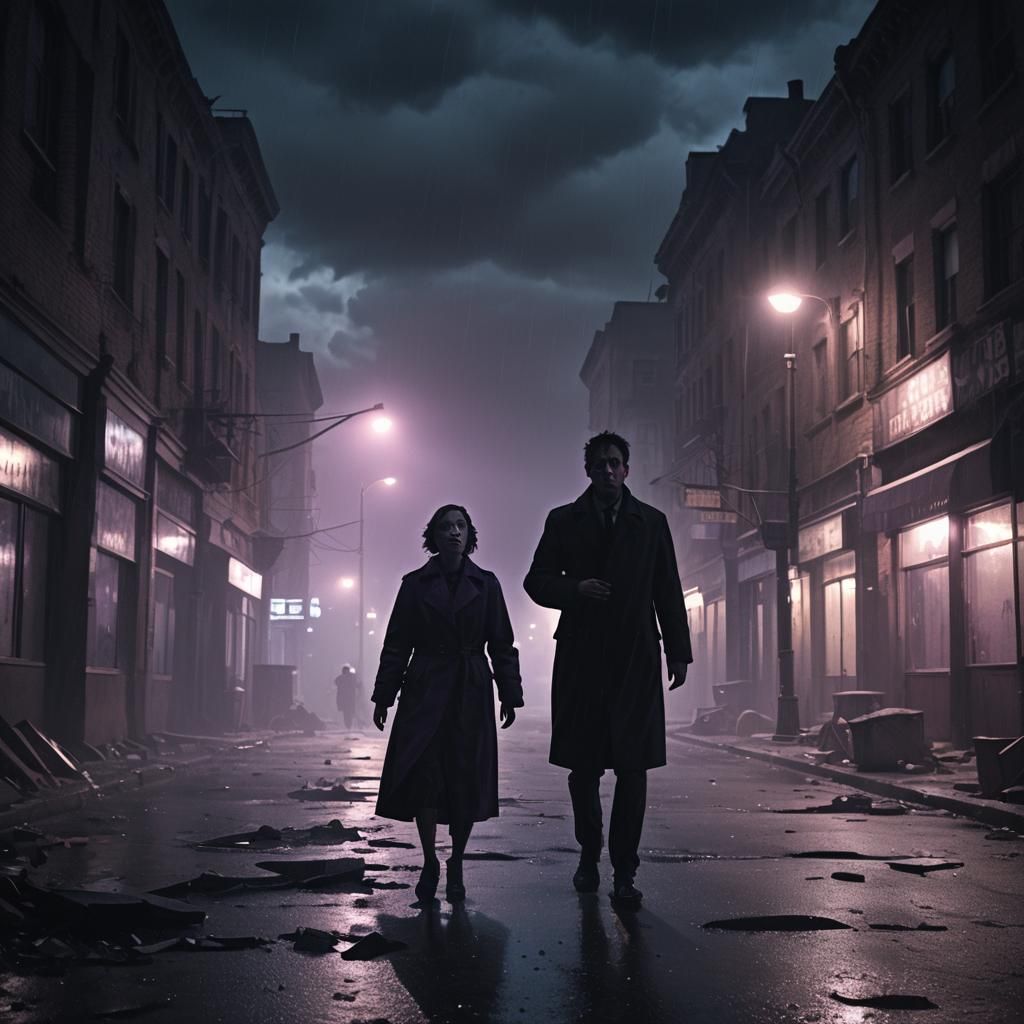 Terrified Figure in Abandoned City: Film Noir Realism