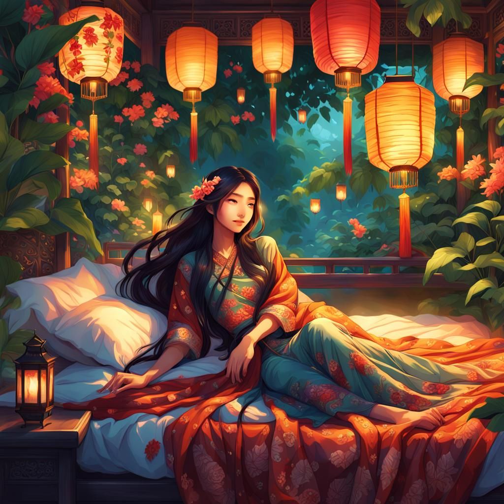 Dreamy Asian Girl in Art Nouveau Fantasy Landscape