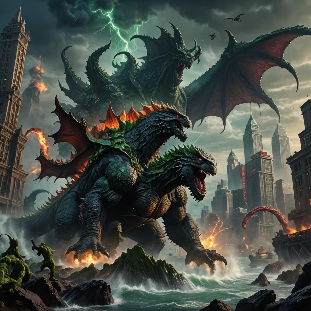 Epic Battle: Godzilla Versus Cthulhu in Fantasy Art