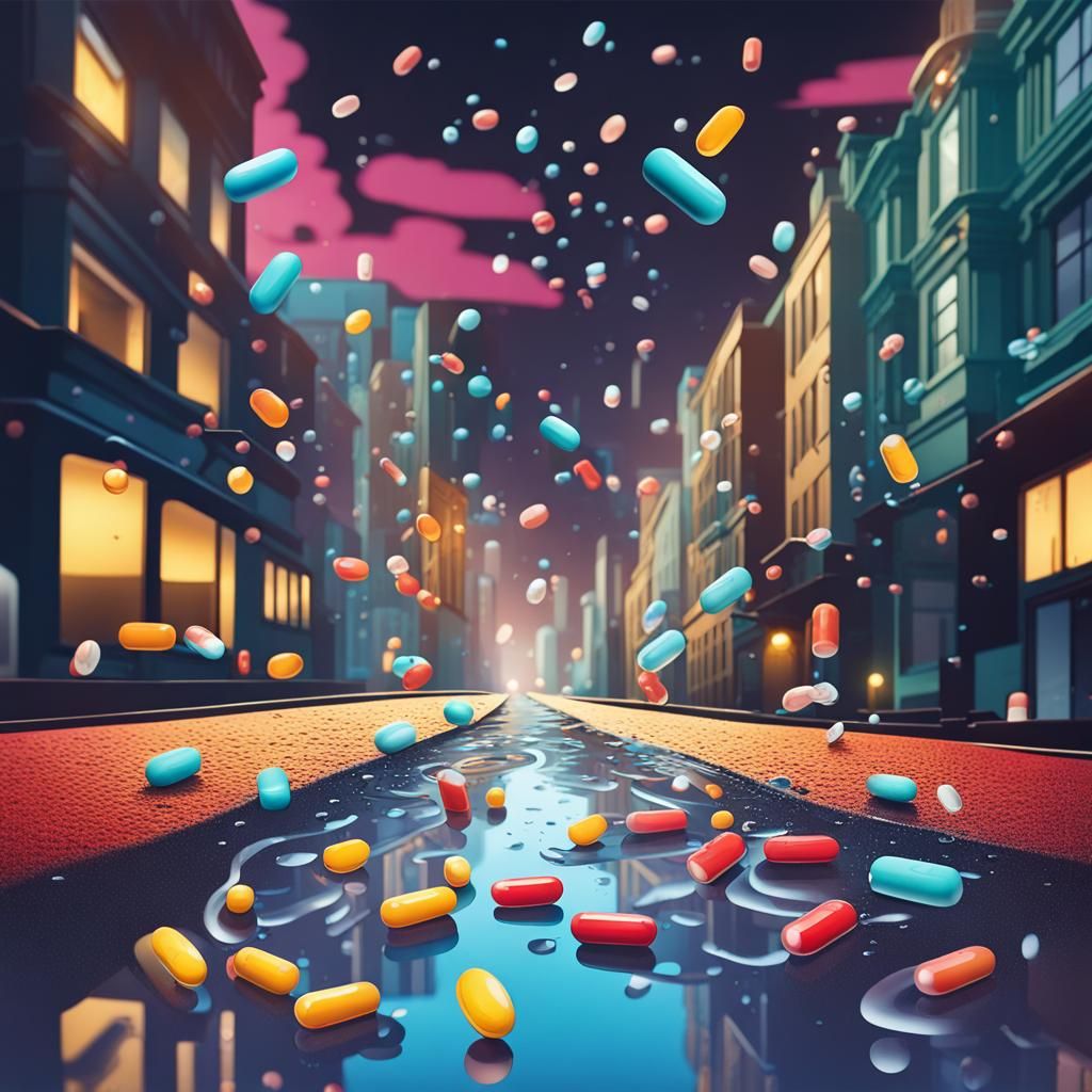 Pills Rain Down on Dark Cityscape