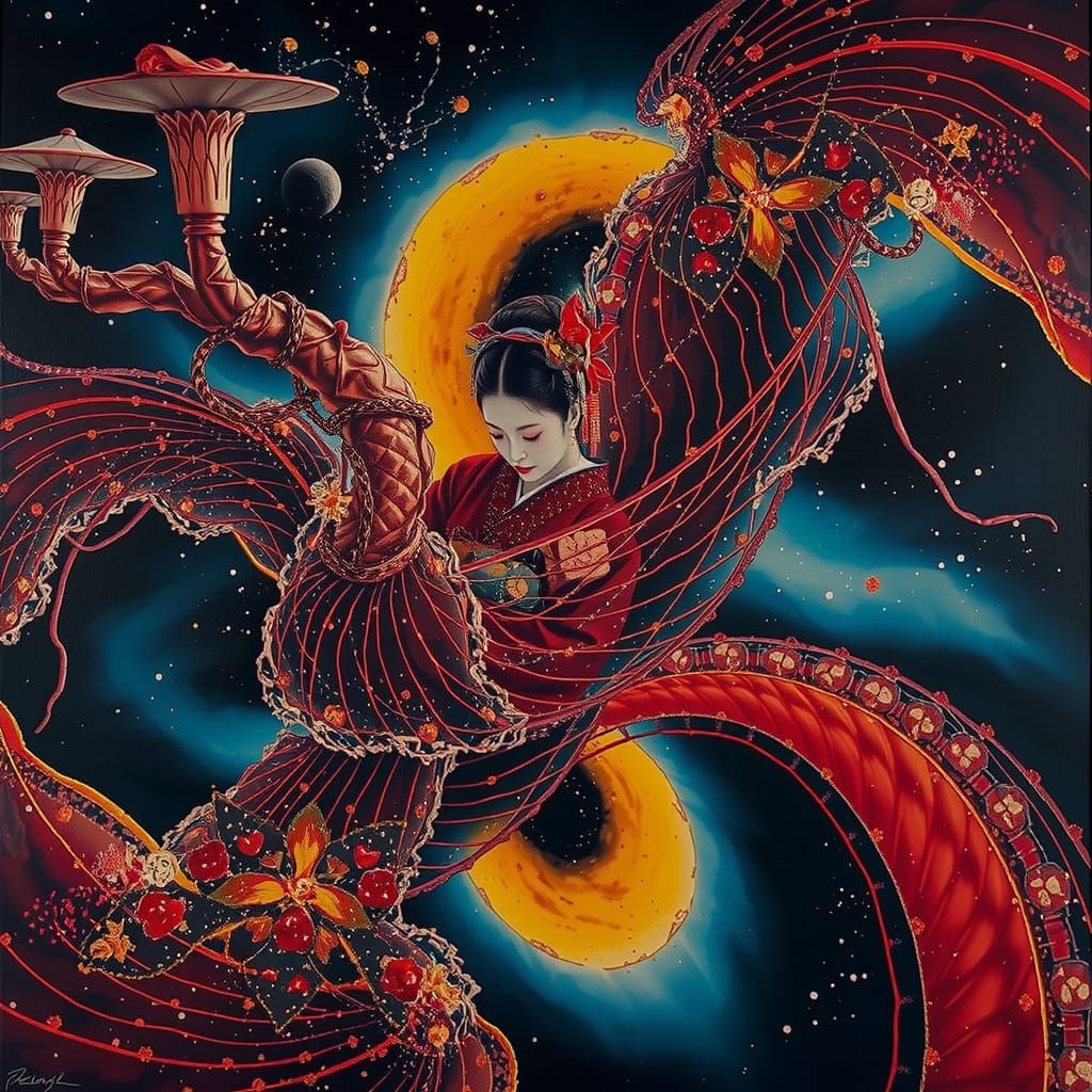 Elegant Geisha in Luminous Botanical Field Under Nebula Glow