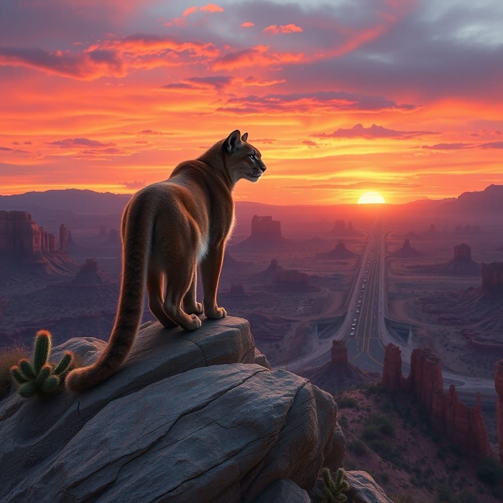 Mountain Lion Overlooking Desert Highway at Sunrise