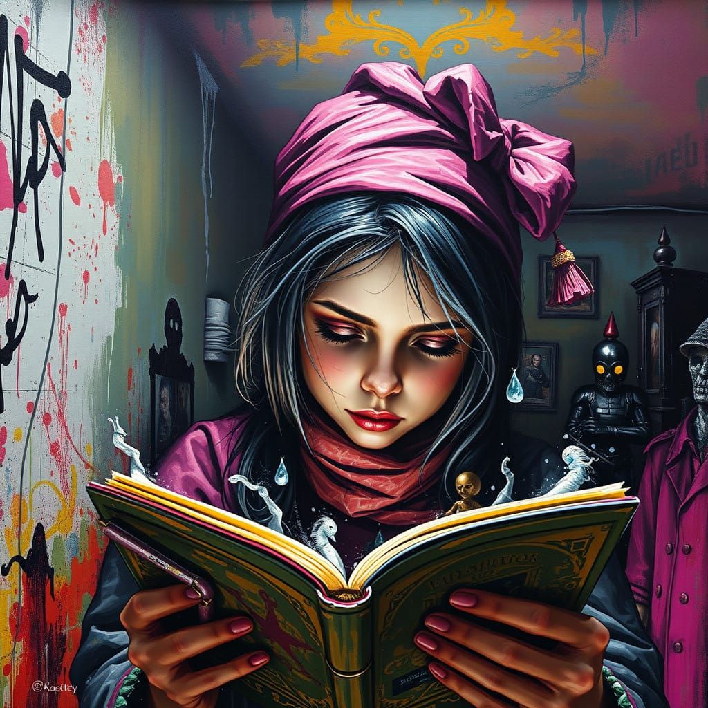 Young Girl Reads Magic Book in Mysterious Attic Scene