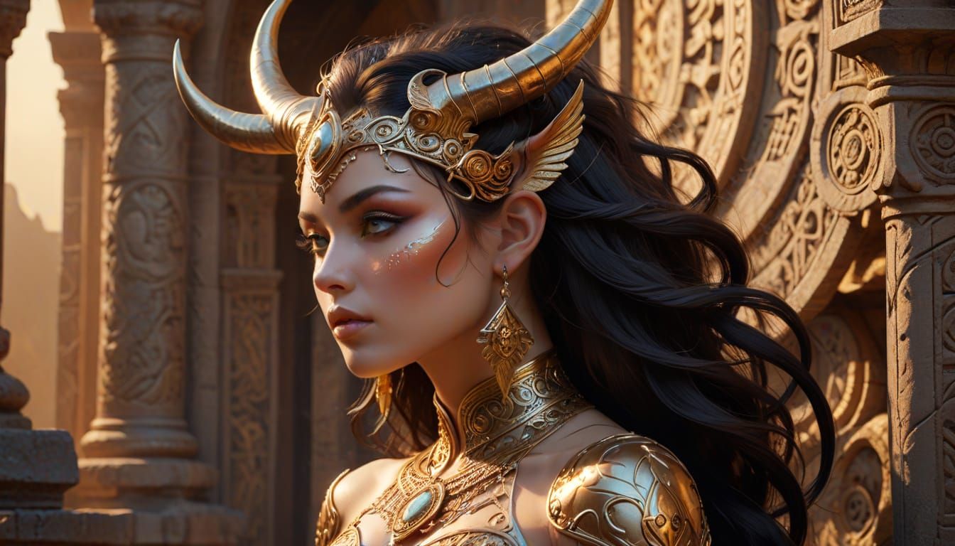 Regal Fantasy Goddess with Majestic Horns